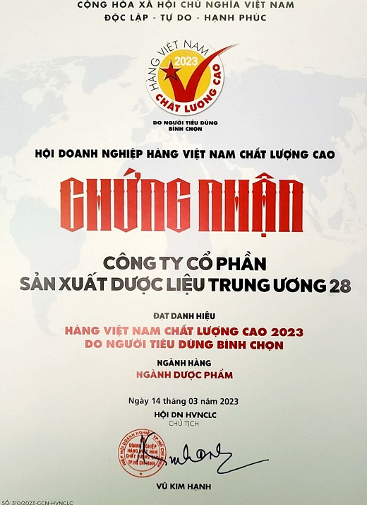 Dược liệu TW28 đạt danh hiệu H&agrave;ng Việt Nam Chất Lượng Cao 2023